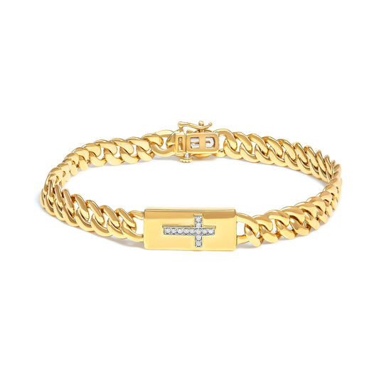 14K Yellow Gold Plated .925 Sterling Silver Diamond Accent Inlaid Cross Cuban Link Bracelet (I-J Color, I3 Clarity)-  7.25" Bids.com