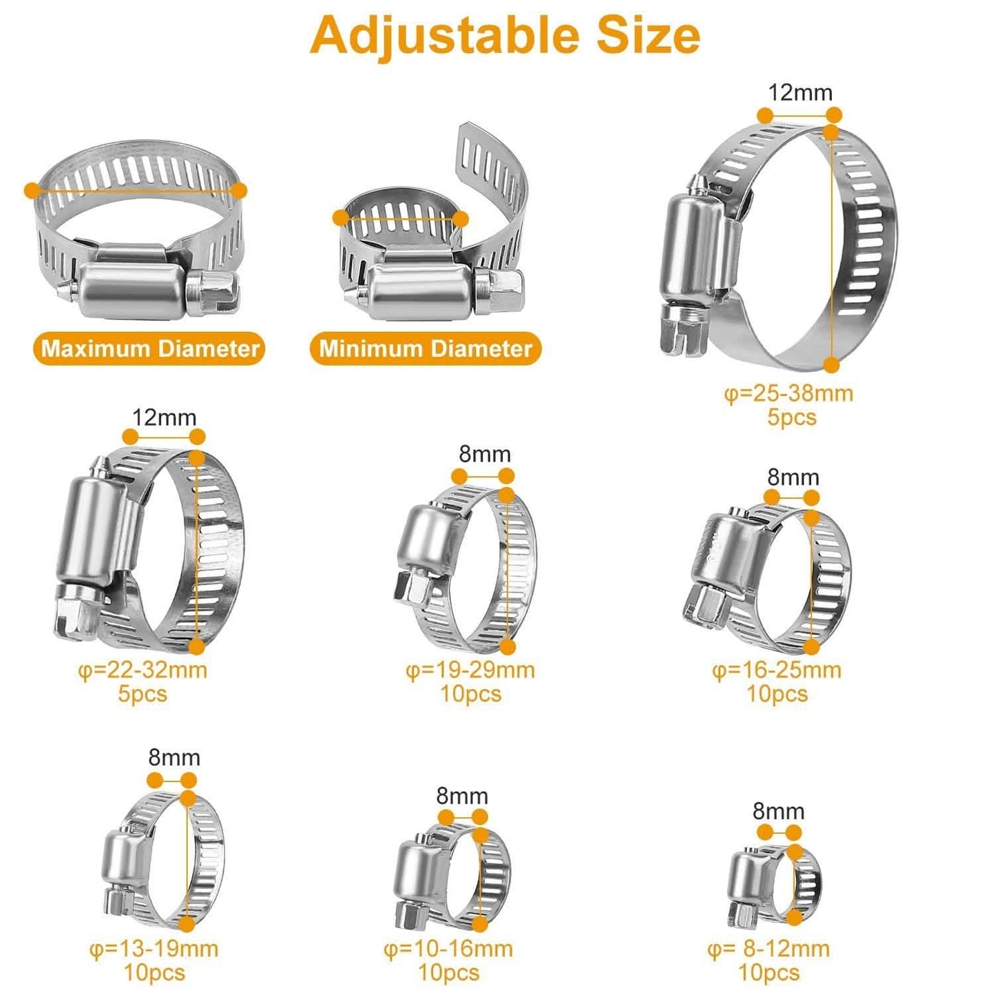 60-Pieces: Hose Clamp Stainless Steel Adjustable Worm Gear DailySale