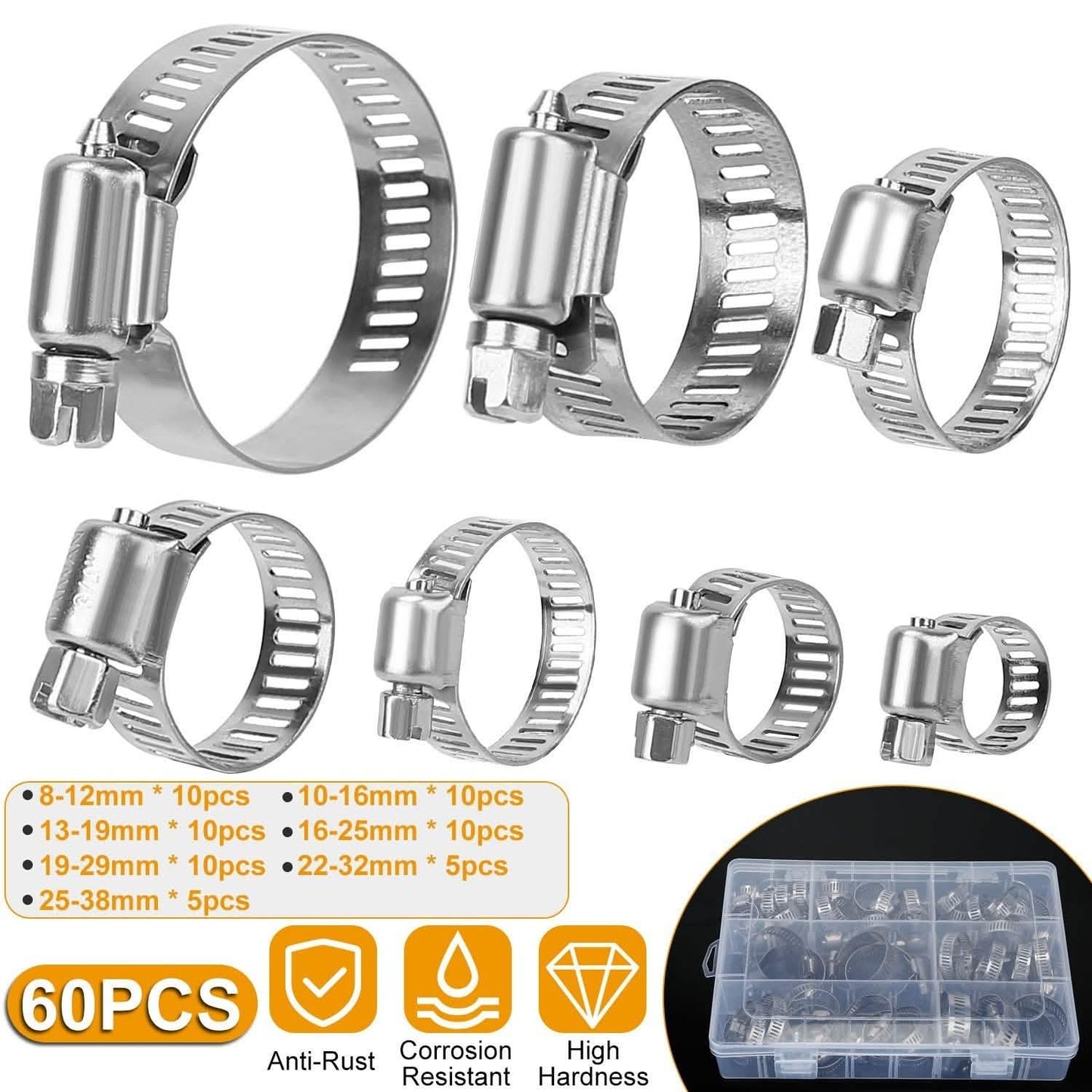 60-Pieces: Hose Clamp Stainless Steel Adjustable Worm Gear DailySale