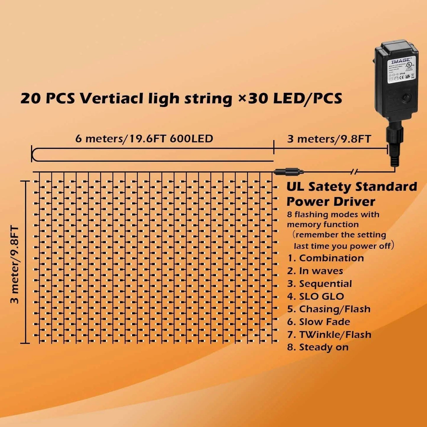 600 LED 9.8 x 19.6 FT. LED Curtain Lights with 8 Light Modes and Memory Function DailySale