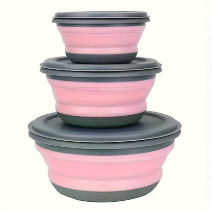 3 Foldable Silicone Camping Bowls with Lids – Blue & Pink DailySale