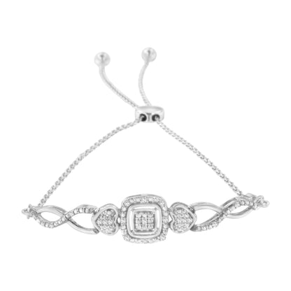.925 Sterling Silver Diamond Cushion Frame Heart-Sides Twist 4â€-10â€ Adjustable Bolo Tennis Bolo Bracelet (I-J Color, I3 Clarity) Bids.com