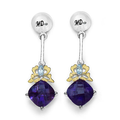 3.79 Carat Genuine Amethyst, Blue Topaz & White Diamond .925 Sterling Silver Earrings Bids.com