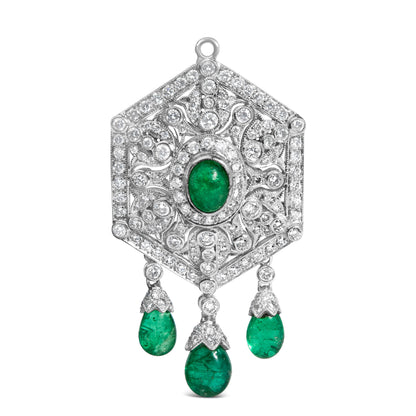 18K 2 3/4 Cttw Diamond and Emerald Dangle Art Deco Shield Brooch Pin Pendant (G-H Color, VS1-VS2 Clarity) CHAIN NOT INCLUDED Bids.com