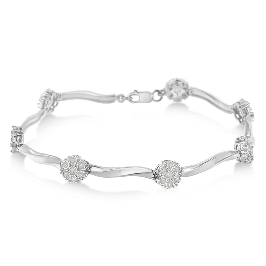 .925 Sterling Silver 1.0 Cttw Diamond Cluster Miracle-Set Station & Twisted Bar 7" Tennis Bracelet (H-I Color, I1-I2 Clarity) Bids.com