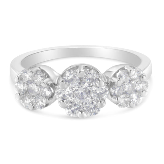 14K White Gold 1-1/4 Cttw Brilliant Cut Diamond Three Round Floral Clusters Engagement or Fashion Ring (H-I Color, SI2-I1 Clarity) - Size 6 Bids.com