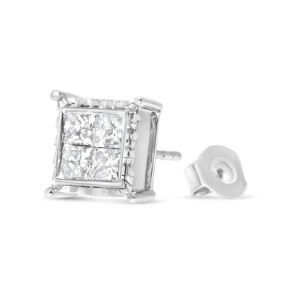 14K White Gold 1 1/2 Cttw Invisible Set Princess-Cut Diamond Contemporary Wavy Quad Stud Earrings (I-J Color, I1-I2 Clarity) Bids.com