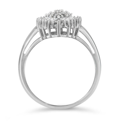 10K White Gold 1/2 Cttw Round & Baguette Cut Diamond Pear Shaped Domed PavÃ© Cluster with Halo Cocktail Ring (H-I Color, SI1-SI2 Clarity) - Size 5 Bids.com