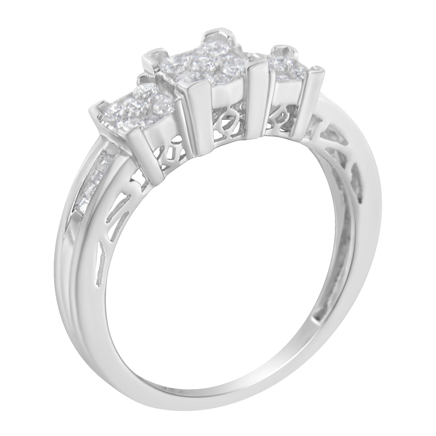 10K White Gold 1/2 Cttw Brilliant & Baguette Cut Diamond 3 Stone Design with 3 Square Clusters Engagement Ring (H-I Color, SI2-I1 Clarity) - Size 6-3/4 Bids.com