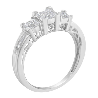 10K White Gold 1/2 Cttw Brilliant & Baguette Cut Diamond 3 Stone Design with 3 Square Clusters Engagement Ring (H-I Color, SI2-I1 Clarity) - Size 6-3/4 Bids.com