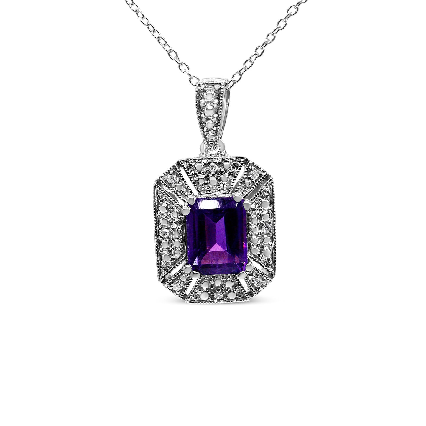 .925 Sterling Silver Purple Amethyst and Diamond Accent Art Deco Style 18" Pendant Necklace (I-J Color, I1-I2 Clarity) Bids.com