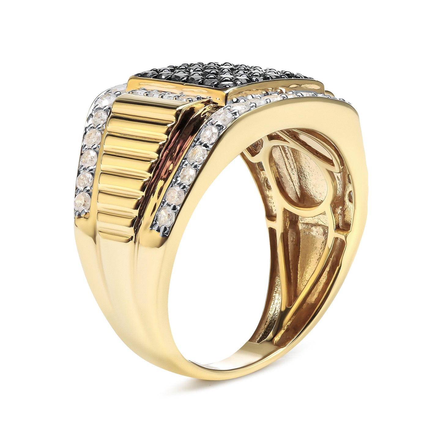 Men's 14K Yellow Gold Plated .925 Sterling Silver 1 1/2 Cttw White and Black Treated Diamond Cluster Ring (Black / I-J Color, I2-I3 Clarity) - Size 10 Bids.com