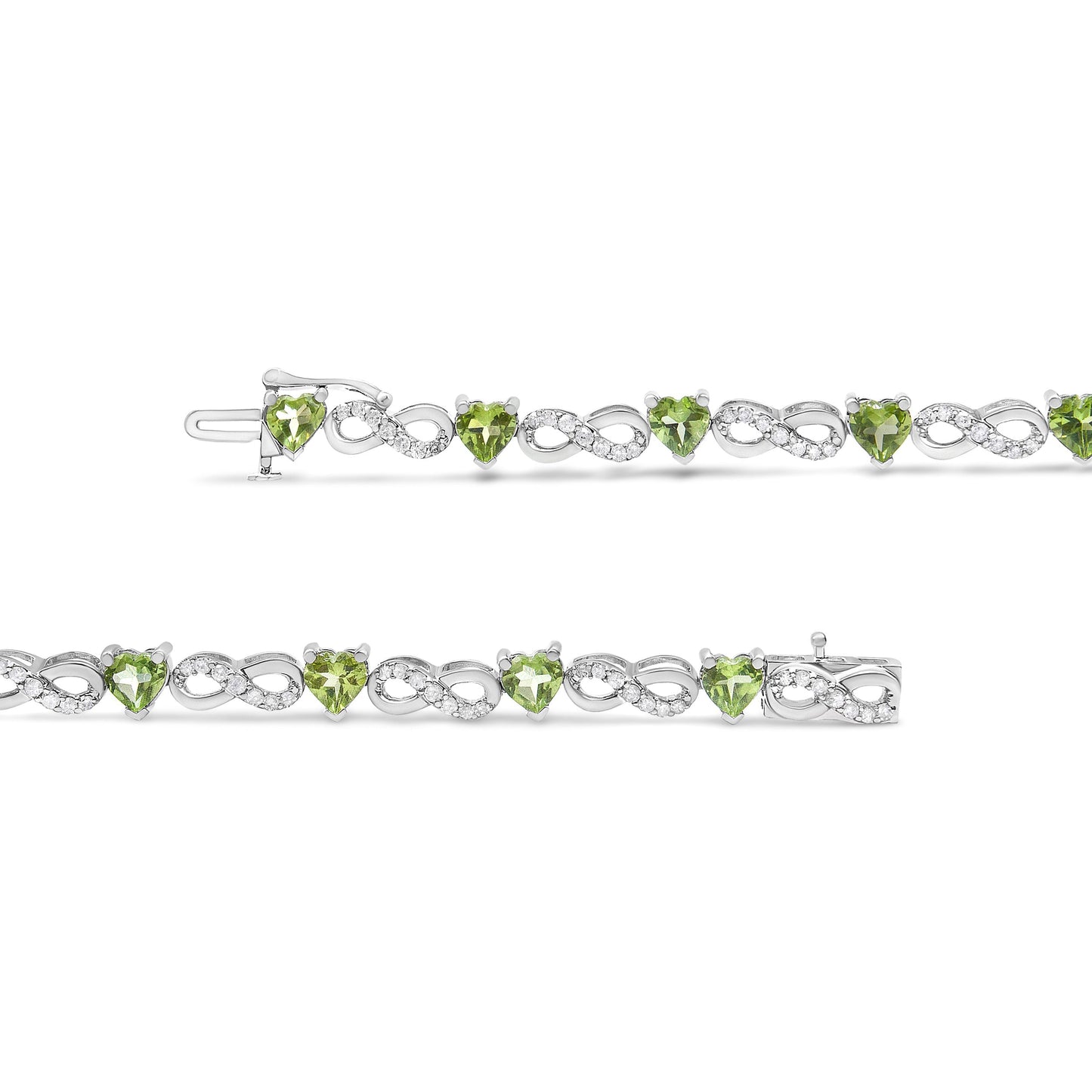 .925 Sterling Silver 1.00 Cttw Diamond and 4.00mm Lab Created Green Heart-Shaped Peridot Infinity Link Bracelet (I-J Color, I2-I3 Clarity) - 7.25" Bids.com