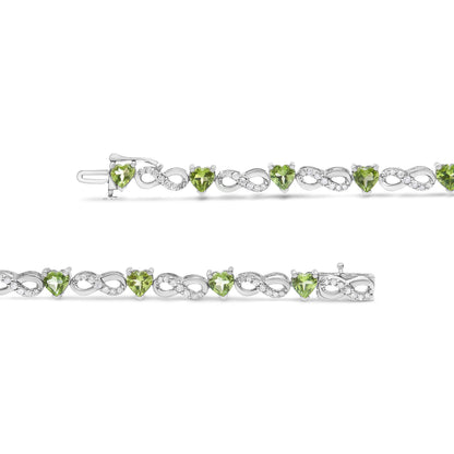 .925 Sterling Silver 1.00 Cttw Diamond and 4.00mm Lab Created Green Heart-Shaped Peridot Infinity Link Bracelet (I-J Color, I2-I3 Clarity) - 7.25" Bids.com