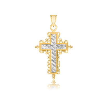 14k Two-Tone Gold Diamond Cut and Baroque Inspired Cross Pendant Bids.com