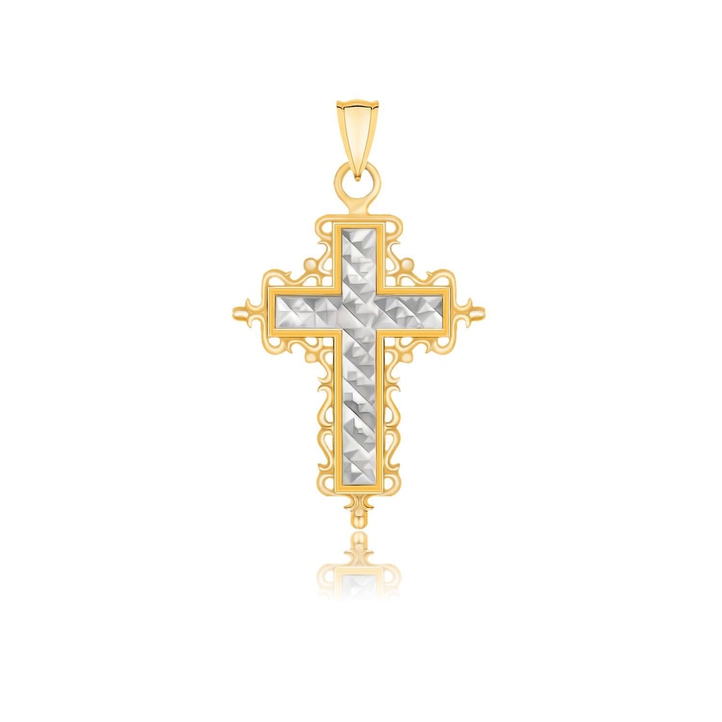 14k Two-Tone Gold Diamond Cut and Baroque Inspired Cross Pendant Bids.com