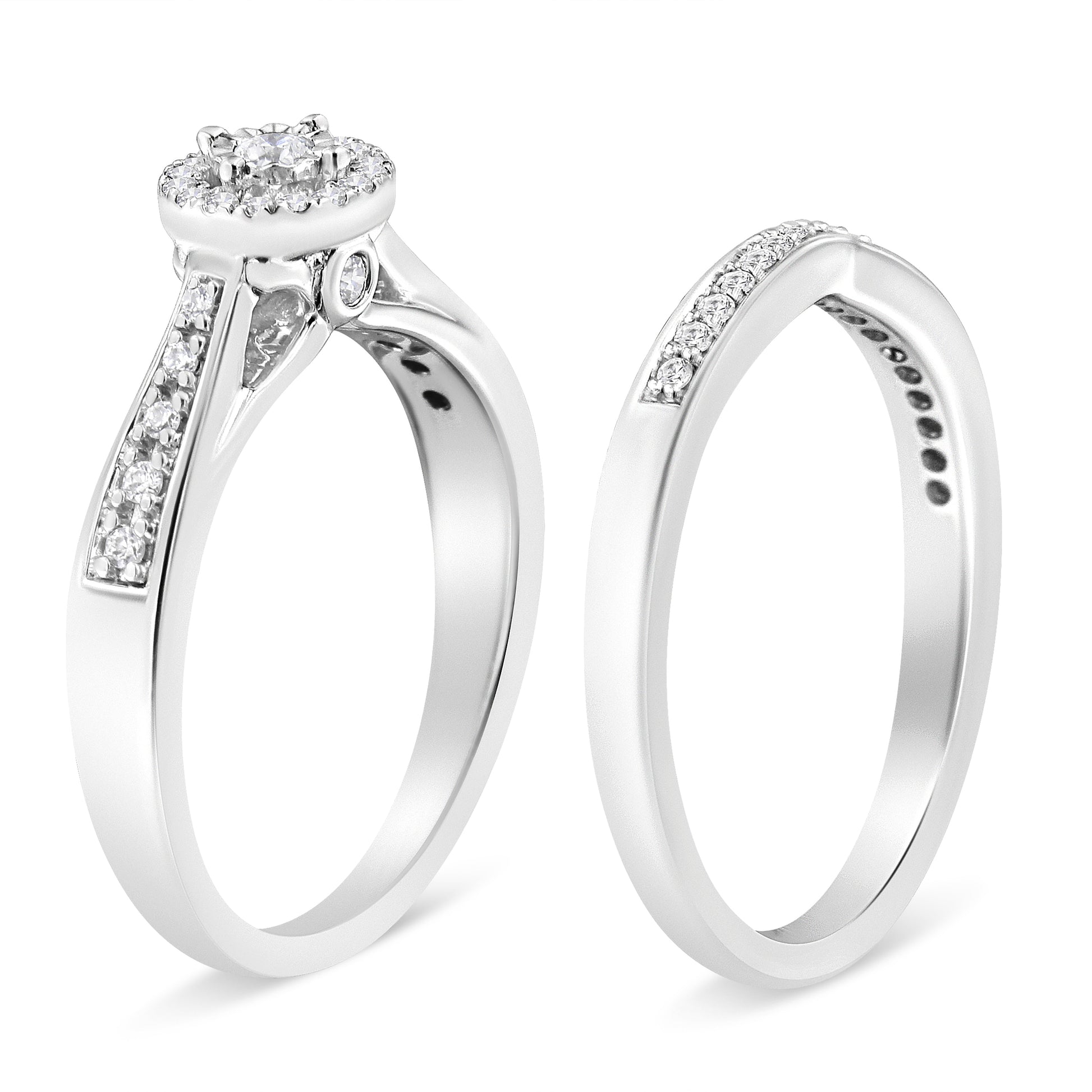 .925 Sterling Silver 1/3 Cttw Diamond Halo and Pave Shank Engagement Ring Set (I-J Color, I3 Clarity) - Ring Size 7 Bids.com