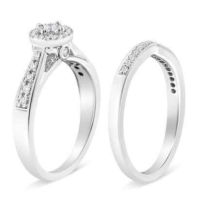 .925 Sterling Silver 1/3 Cttw Diamond Halo and Pave Shank Engagement Ring Set (I-J Color, I3 Clarity) - Ring Size 7 Bids.com