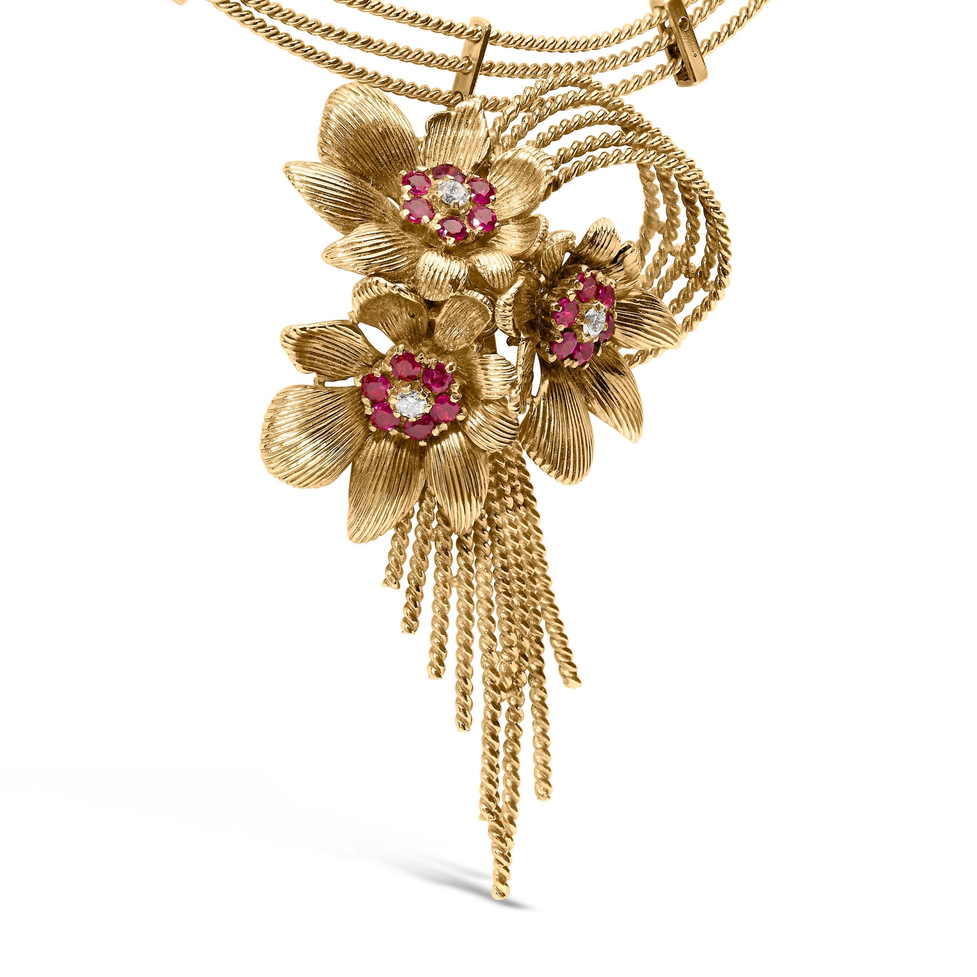 18K Yellow Gold Diamond and Red Ruby Floral Cascade Statement Necklace with 16" Inch Bead Chain (F-G Color, VS1-VS2 Clarity) Bids.com
