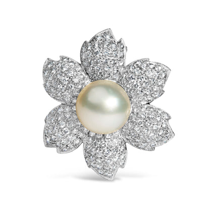 18K White Gold 2 3/4 Cttw Diamond and 12.5 MM Cultured Freshwater Pearl Floral Brooch Pin (G-H Color, VS1-VS2 Clarity) Bids.com