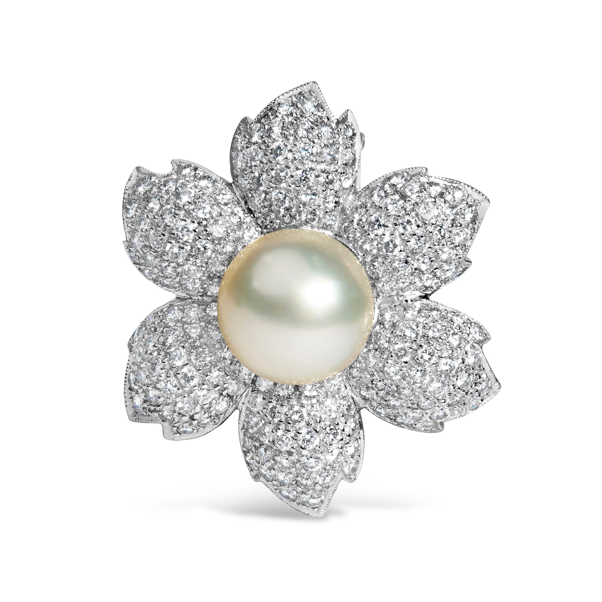 18K White Gold 2 3/4 Cttw Diamond and 12.5 MM Cultured Freshwater Pearl Floral Brooch Pin (G-H Color, VS1-VS2 Clarity) Bids.com
