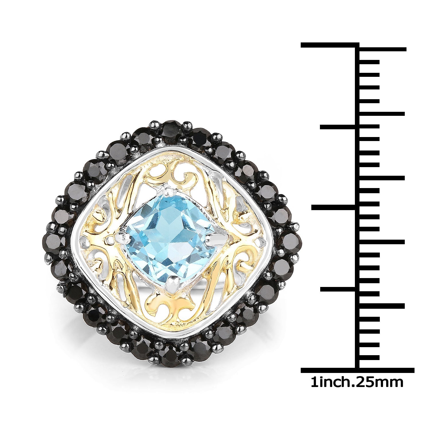 Two Tone Plated 2.85 Carat Genuine Swiss Blue Topaz and Black Spinel .925 Sterling Silver Ring Bids.com