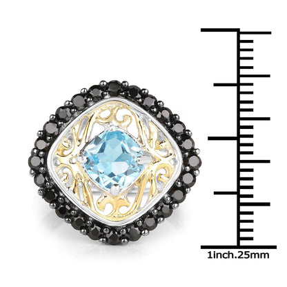 Two Tone Plated 2.85 Carat Genuine Swiss Blue Topaz and Black Spinel .925 Sterling Silver Ring Bids.com