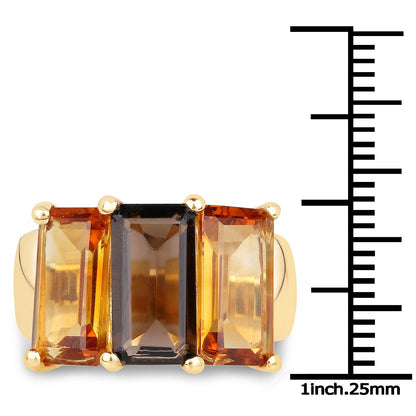 14K Yellow Gold Plated 8.14 Carat Genuine Smoky Quartz, Citrine and Champagne Quartz .925 Sterling Silver Ring Bids.com