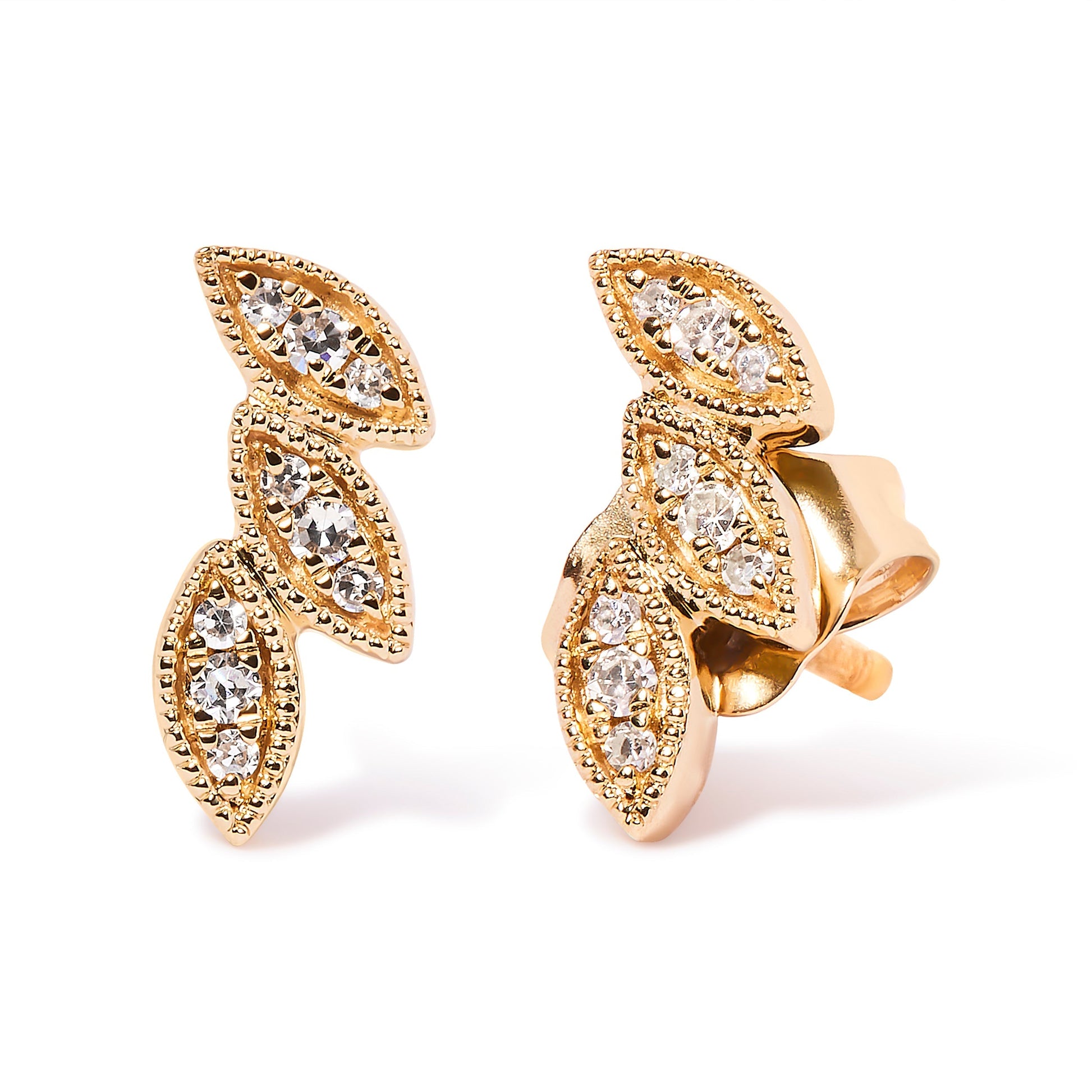 10K Yellow Gold 1/10 Cttw Diamond Triple Leaf Stud Earring (H-I Color, I1-I2 Clarity) Bids.com
