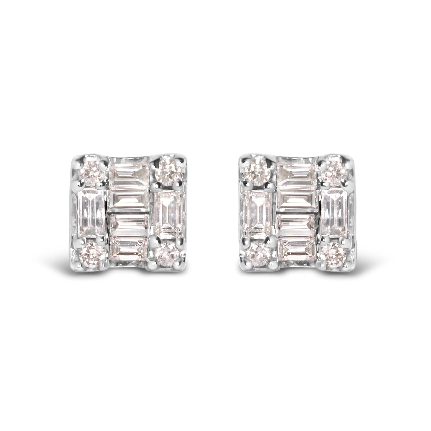 10K White Gold 1/7 Cttw Round and Baguette Diamond Mosaic Square Stud Earrings (H-I Color, I1-I2 Clarity) Bids.com