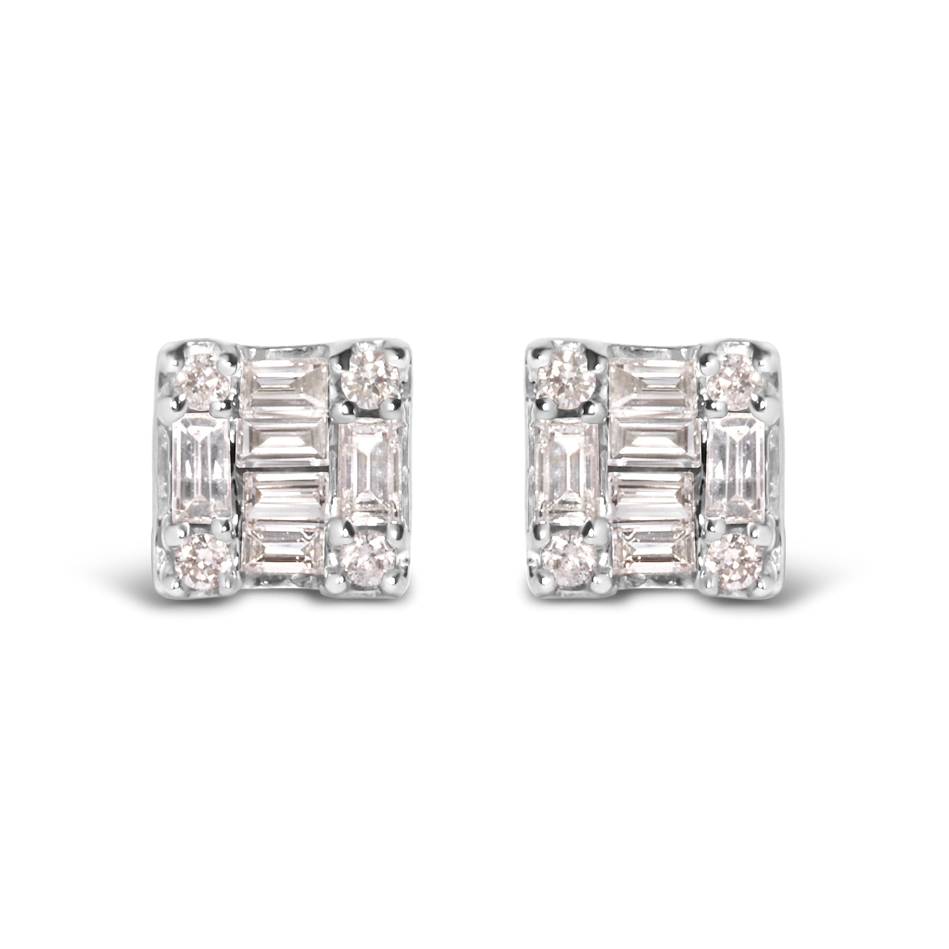 10K White Gold 1/7 Cttw Round and Baguette Diamond Mosaic Square Stud Earrings (H-I Color, I1-I2 Clarity) Bids.com