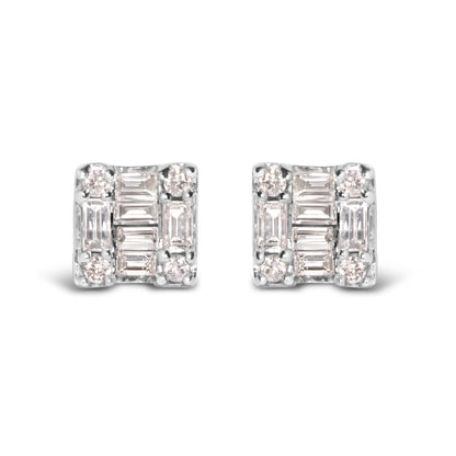 10K White Gold 1/7 Cttw Round and Baguette Diamond Mosaic Square Stud Earrings (H-I Color, I1-I2 Clarity) Bids.com