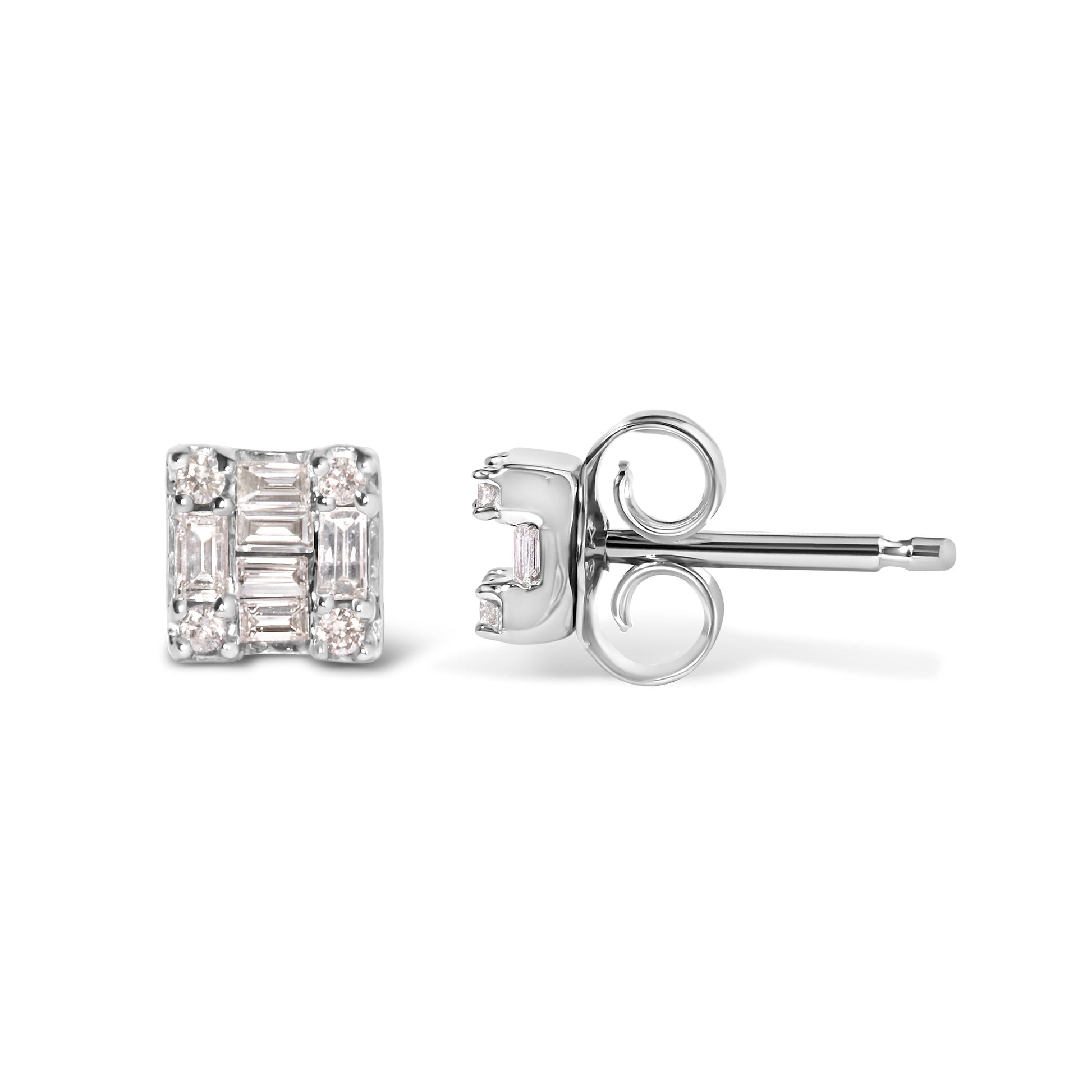 10K White Gold 1/7 Cttw Round and Baguette Diamond Mosaic Square Stud Earrings (H-I Color, I1-I2 Clarity) Bids.com