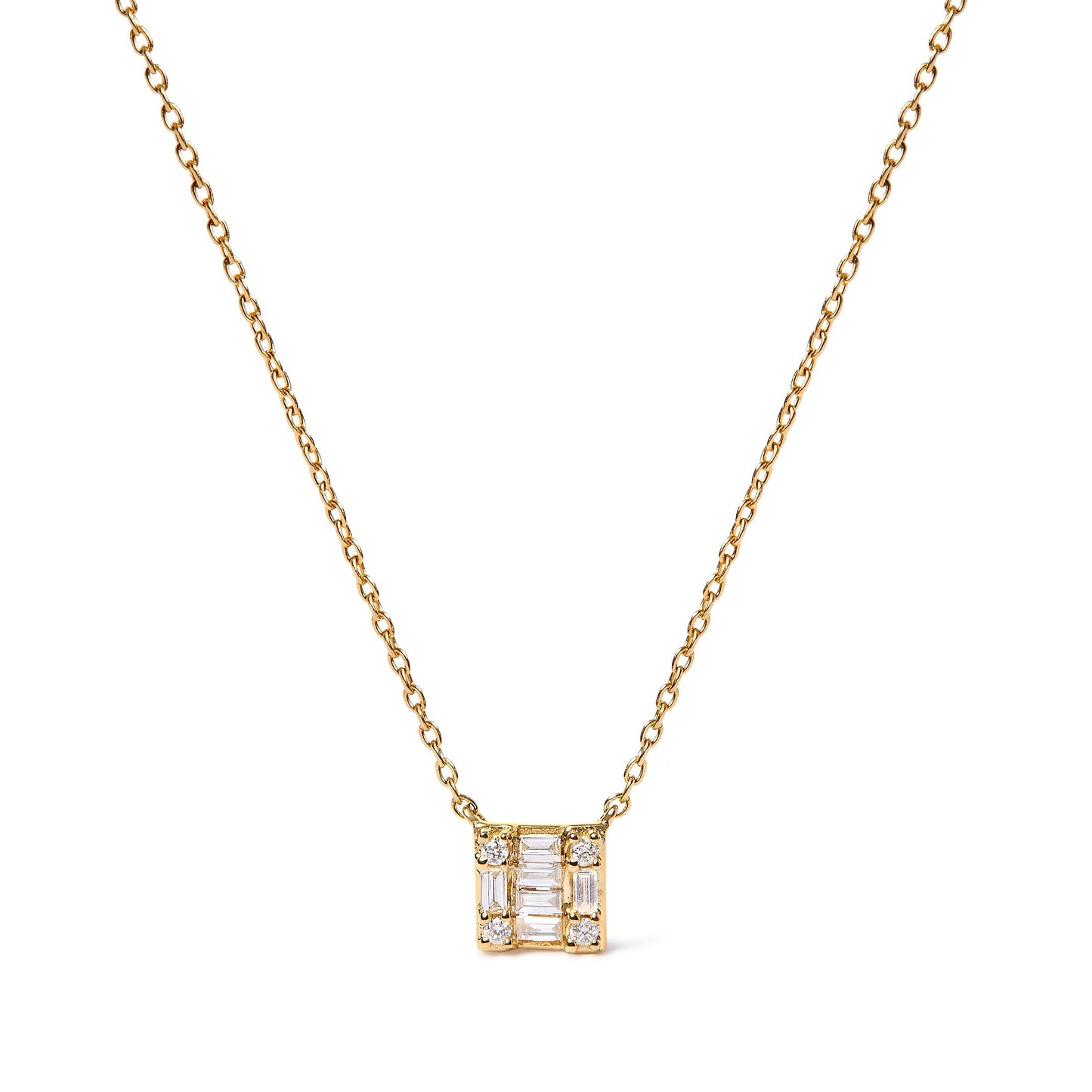 10K Yellow Gold 1/10 Cttw Round and Baguette Diamond Mosaic Composite Square 18" Inch Pendant Necklace (H-I Color, I1-I2 Clarity) Bids.com
