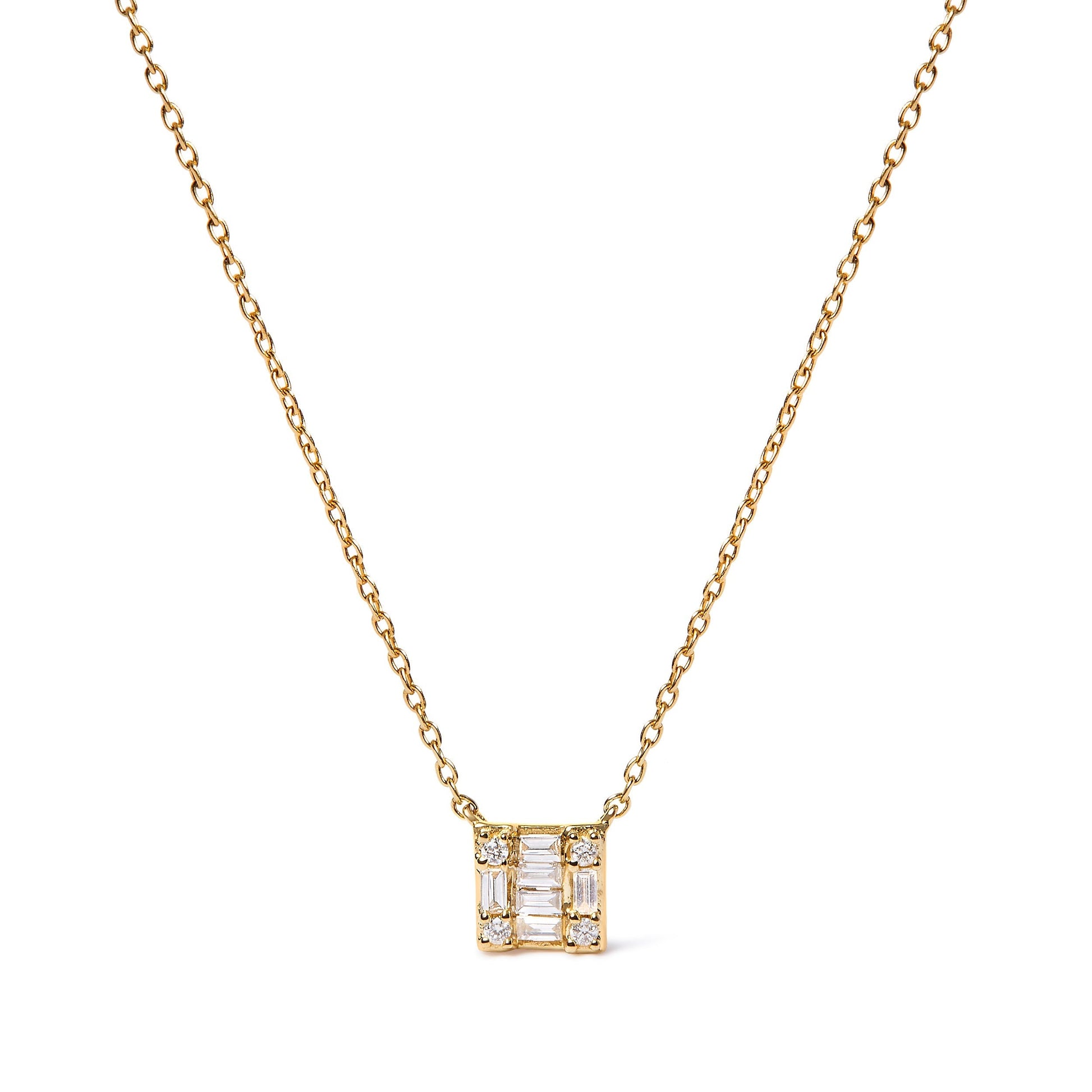 10K Yellow Gold 1/10 Cttw Round and Baguette Diamond Mosaic Composite Square 18" Inch Pendant Necklace (H-I Color, I1-I2 Clarity) Bids.com