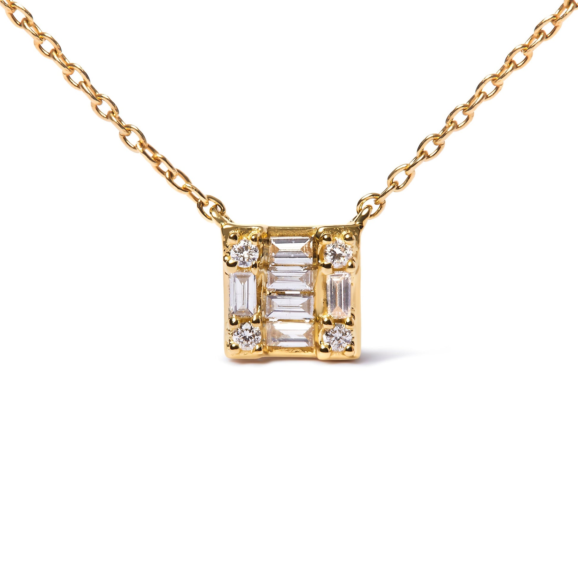 10K Yellow Gold 1/10 Cttw Round and Baguette Diamond Mosaic Composite Square 18" Inch Pendant Necklace (H-I Color, I1-I2 Clarity) Bids.com