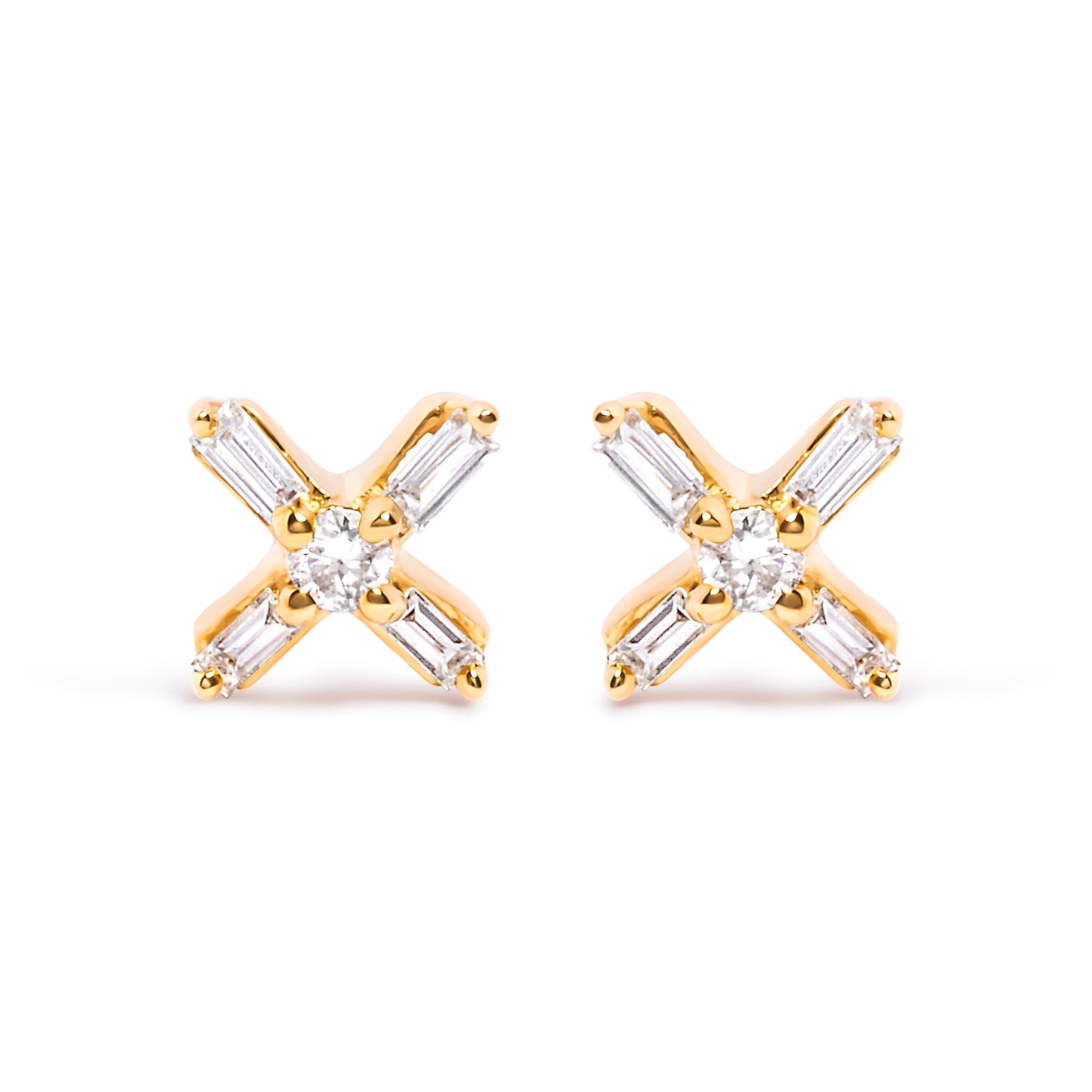 10K Yellow Gold 1/10 Cttw Round and Baguette Diamond Criss Cross X Stud Earring (H-I Color, I1-I2 Clarity) Bids.com