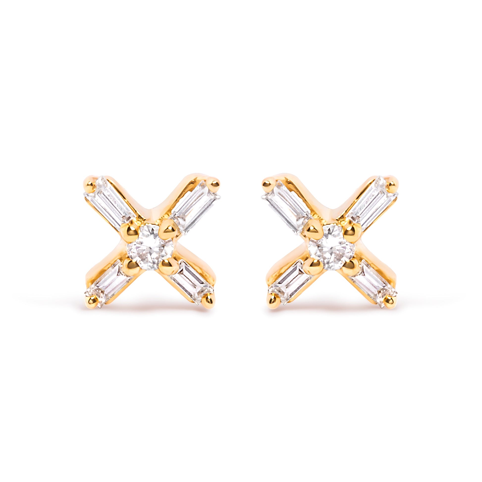 10K Yellow Gold 1/10 Cttw Round and Baguette Diamond Criss Cross X Stud Earring (H-I Color, I1-I2 Clarity) Bids.com