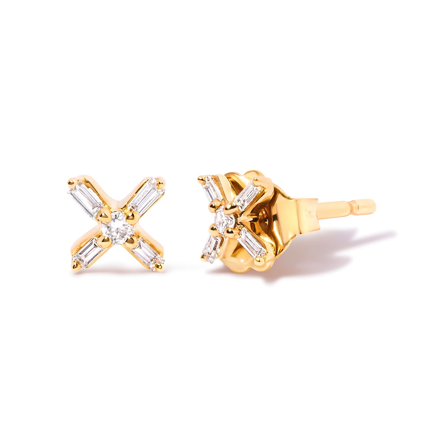 10K Yellow Gold 1/10 Cttw Round and Baguette Diamond Criss Cross X Stud Earring (H-I Color, I1-I2 Clarity) Bids.com