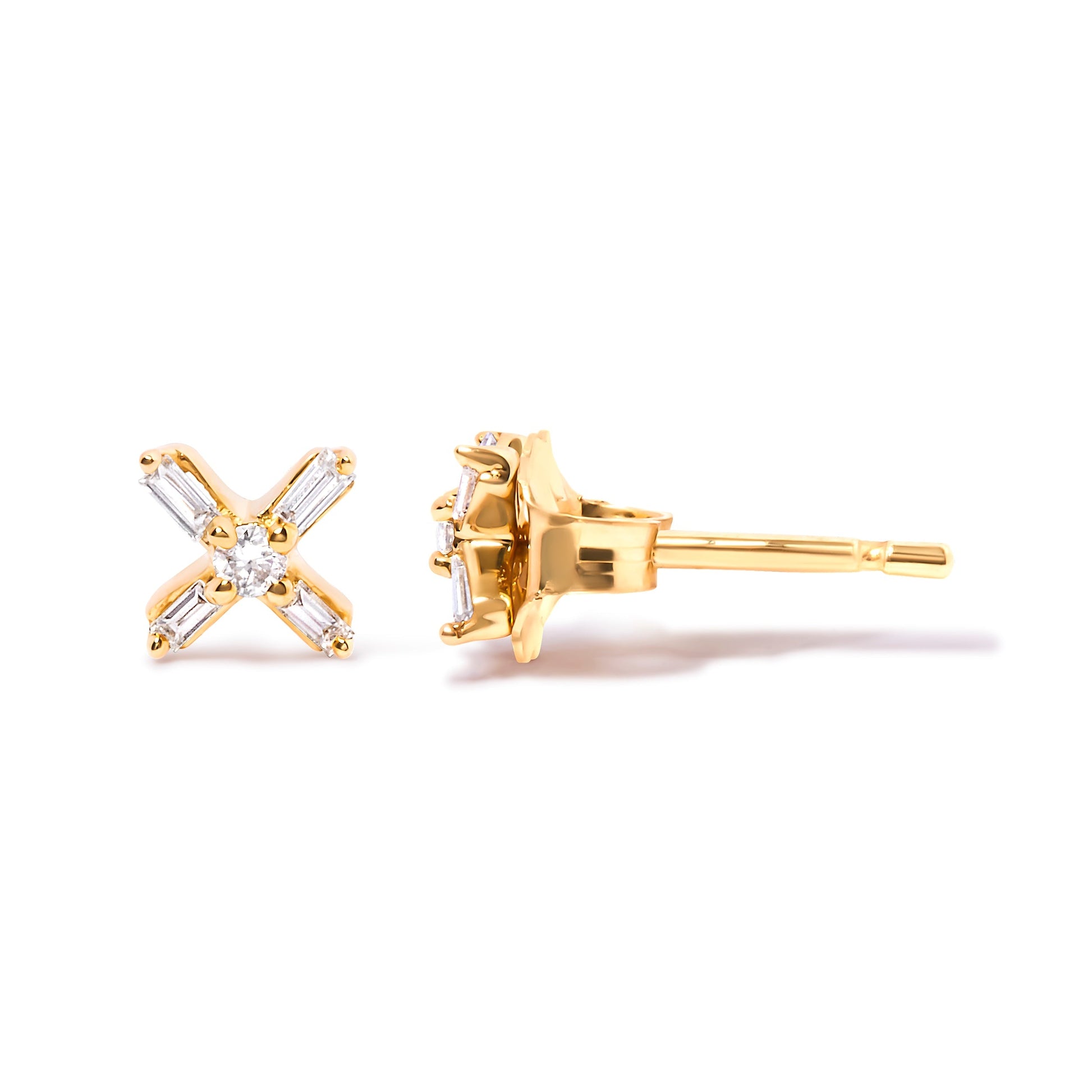 10K Yellow Gold 1/10 Cttw Round and Baguette Diamond Criss Cross X Stud Earring (H-I Color, I1-I2 Clarity) Bids.com