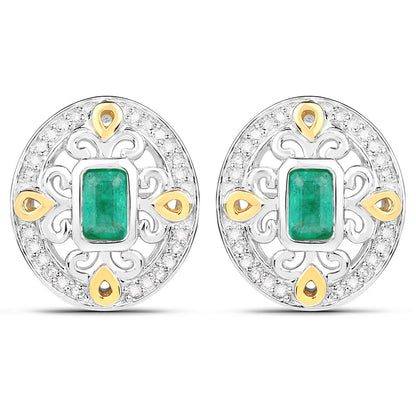 0.69 Carat Genuine Zambian Emerald and White Diamond .925 Sterling Silver Earrings Bids.com