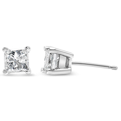 AGS Certified 14k White Gold 1.0 Cttw 4-Prong Set Princess-Cut Solitaire Diamond Push Back Stud Earrings for Women (E-F Color, I1-I2 Clarity) Bids.com