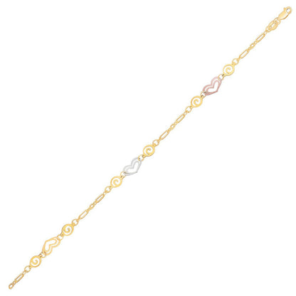 14k Tri-Color Gold Anklet with Multi Color Heart Stations Bids.com