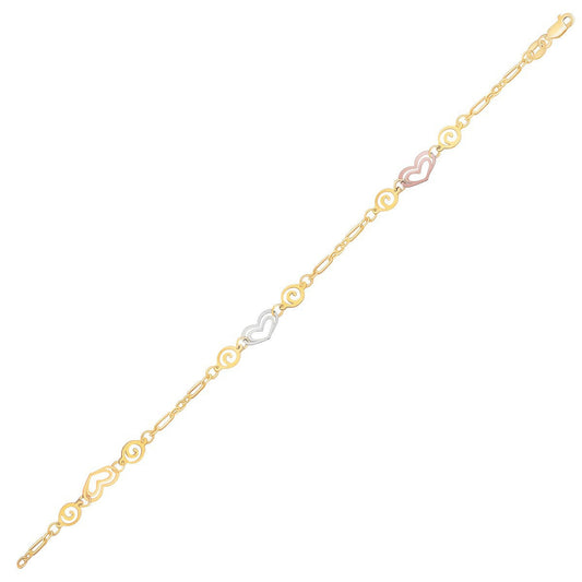 14k Tri-Color Gold Anklet with Multi Color Heart Stations Bids.com