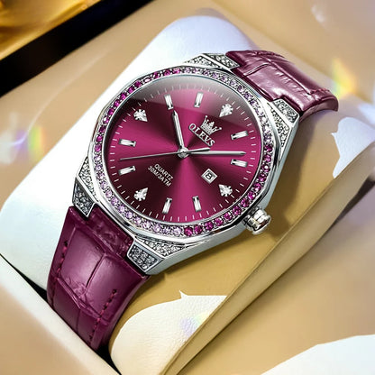 Women's Crystal Bezel White Leather Strap Watch Quartz Date BandsCo Straps