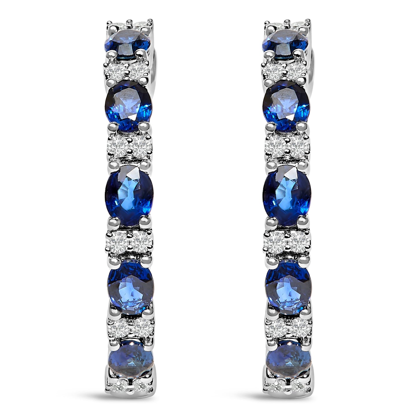 14K White Gold 4x3mm Oval Blue Sapphire and 1/4 Cttw Diamond Alternating Hoop Earring (I-J Color, SI2-I1 Clarity) Bids.com
