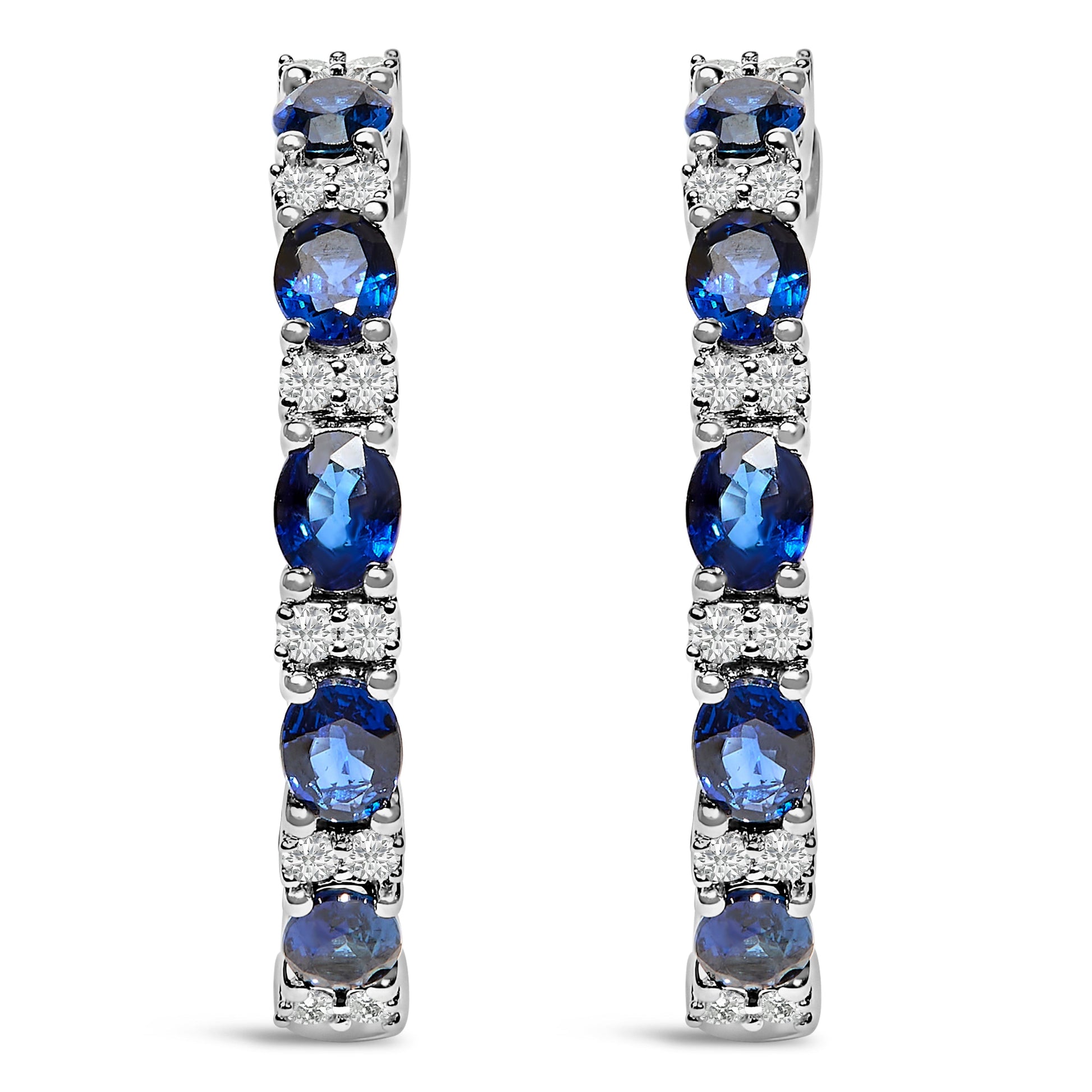 14K White Gold 4x3mm Oval Blue Sapphire and 1/4 Cttw Diamond Alternating Hoop Earring (I-J Color, SI2-I1 Clarity) Bids.com