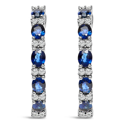 14K White Gold 4x3mm Oval Blue Sapphire and 1/4 Cttw Diamond Alternating Hoop Earring (I-J Color, SI2-I1 Clarity) Bids.com