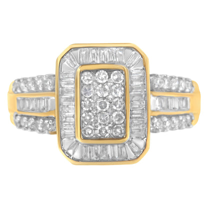 10K Yellow Gold Round and Baguette-Cut Diamond Cluster Ring (1.0 Cttw, I-J Color, SI1-SI2 Clarity) - Size 7 Bids.com