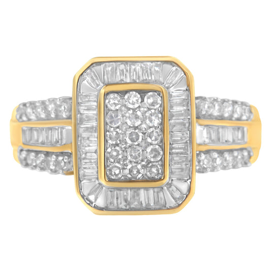 10K Yellow Gold Round and Baguette-Cut Diamond Cluster Ring (1.0 Cttw, I-J Color, SI1-SI2 Clarity) - Size 7 Bids.com